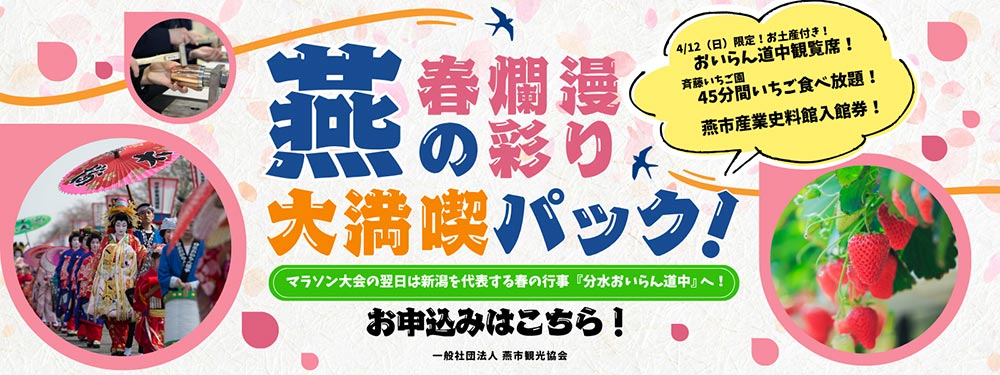 4月12日日曜日限定！お土産付き！おいらん道中観覧席！齊藤いちご園45分間いちご食べ放題！燕市産業資料館入館券！春爛漫 燕の彩り大満喫パック！マラソン大会の翌日は新潟を代表する春の行事『分水おいらん道中』へ！お申し込みはこちら！